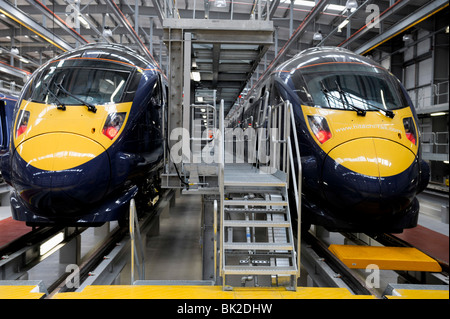 New high speed trains are prepared for use by the Go Ahead Group on their new routes into St Pancras in the Hitachi factory Stock Photo