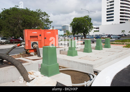 Pumps in Cairns to help deal with flood water exacerbated by sea level rise, Australia. Stock Photo