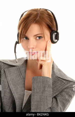 Young telephone operator wearing headset isolated on white background Stock Photo