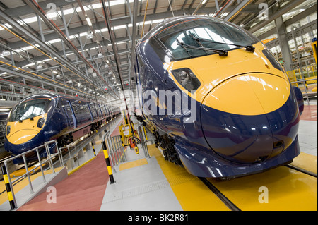 New high speed trains are prepared for use by the Go Ahead Group on their new routes into St Pancras in the Hitachi factory Stock Photo