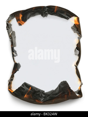 Sheet of blank paper with burning edges making a frame. Isolated on white background with clipping path. Stock Photo