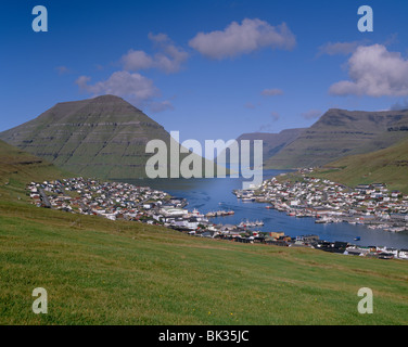 Klaksvik town and harbour with Kunoy island on the left, Bordoy Island (Nordoyar), Faroe Islands (Faroes), Denmark, Europe Stock Photo