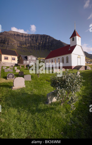 Church and village of Kunoy, Kunoy island, Nordoyar, Faroe Islands Stock Photo