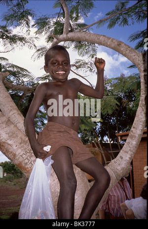 Portrait of a smiling child, sitting in a tree, Tiwi Islands, Australia. Stock Photo