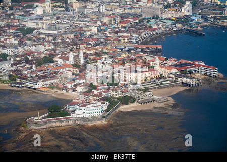 Aerial view of city showing the old town of Casco Viejo also known as San Felipe, Panama City, Panama, Central America Stock Photo