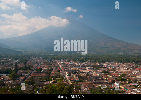 View of Antigua and Volcan de Agua, Guatemala, Central America Stock Photo