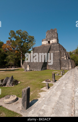 Temple II and Grand Plaza, Mayan archaeological site, Tikal, UNESCO World Heritage Site, Guatemala, Central America Stock Photo