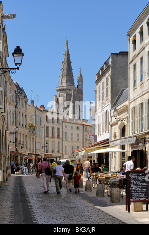 Restaurant lined street, La Rochelle, Charente-Maritime, France, Europe Stock Photo