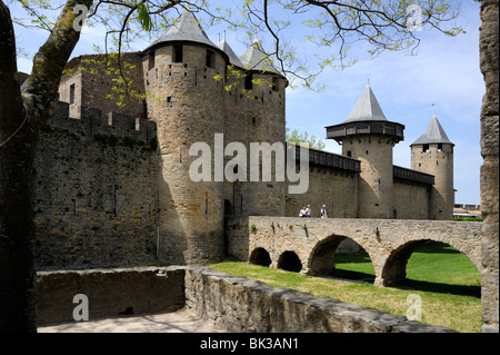 Entrance to Chateau Comtal in the walled and turreted fortress of La Cite, UNESCO World Heritage Site, Languedoc, France Stock Photo