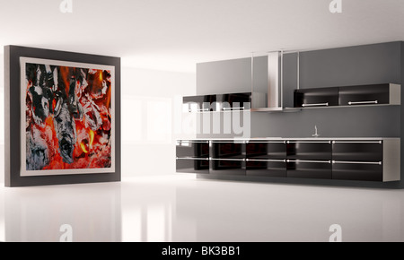 Modern kitchen with big picture on the wall interior Stock Photo