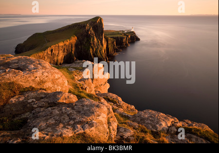 Neist Point and Lighthouse bathed in evening light, Isle of Skye, Highland, Scotland, United Kingdom, Europe Stock Photo