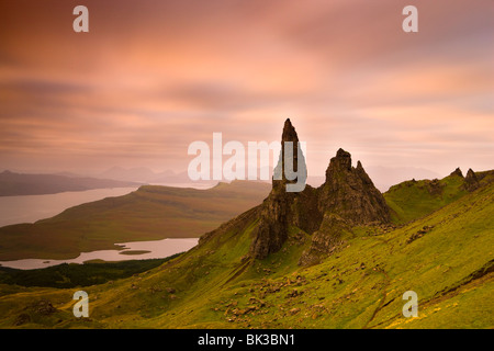 Old Man of Storr at dawn with Cuillin Hills in distance, near Portree, Isle of Skye, Highland, Scotland, United Kingdom, Europe Stock Photo