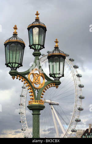 Westminster Bridge Street Lamp, lamp post, London Eye in the background, England, Uk Stock Photo