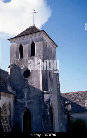 Architectural detail of 1880s Roman Catholic St. Francis Xavier Cathedral church bell tower in Nassau, Bahamas Stock Photo