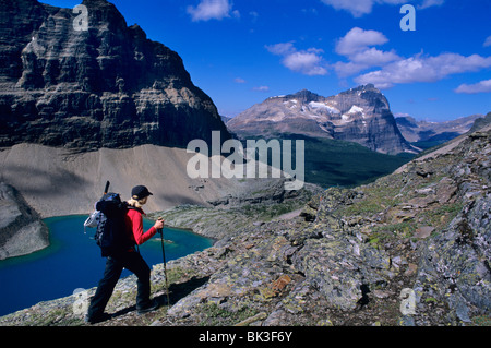 Climbing to Abbot Pass on the Abbot Pass Route above Lake Oesa in the Lake O'Hara region of Yoho National Park. BC, Canada. Stock Photo