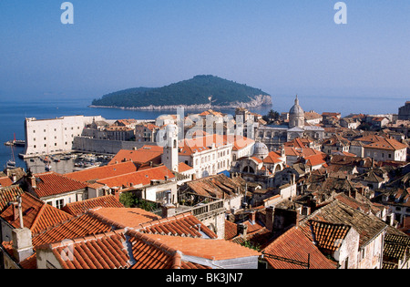 Aerial view of historic old city of Dubrovnik, Croatia along the Dalmatian Coast of the Adriatic Sea Stock Photo
