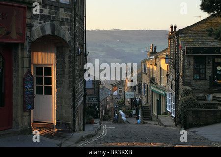 looking down Main Street, in Haworth, West Yorkshire, which was famously the home of the Bronte Sisters Stock Photo