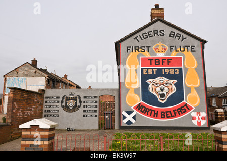 Mural for 'Tigers Bay First Flute' alongside memorial to loyalists from the area who were killed in the Troubles. Stock Photo