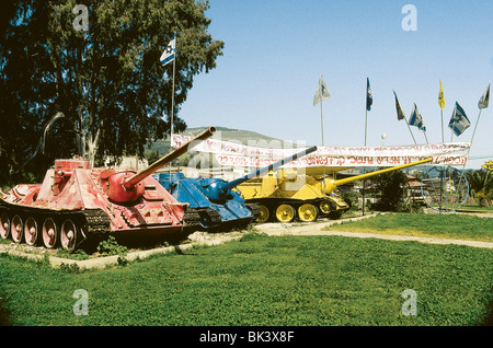 Primary Pigment Colored World War II SU-85 Soviet Tank Destroyers, Golan Heights, Kiryat Shmoneh (Qiryat Shemona) Israel, Stock Photo