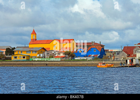 View of the town of Maullin, Llanquihue Province, Chile, from the Rio Maullin. Includes the Parroquia Nuestra Señora del Rosario church. Stock Photo