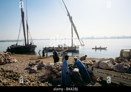 Loading Merkab Boats along the Nile River, Egypt Stock Photo