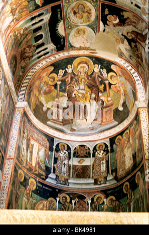 17th century Byzantine wall paintings, frescoes in the central apse of the Katholikon of Kaisariani Monastery - Athens, Greece Stock Photo