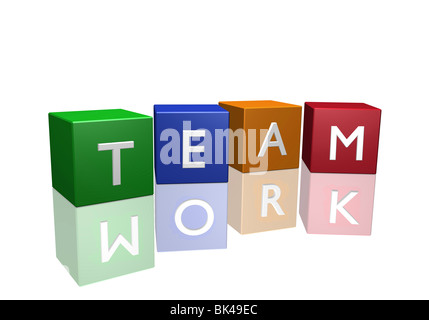 The word "Team" on 3D cubes with "Work" reflected on a white background. Stock Photo