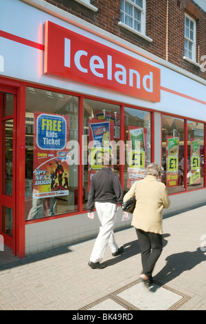 People walk past the Iceland store, Billericay high Street, Billericay, Essex Stock Photo