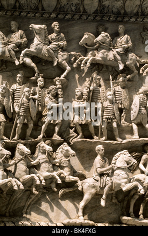 Detail on the base of the honorary column of Antoninus Pius showing the decursio equitum (parade of horsemen) in Courtyard of the Corazze, Vatican. Stock Photo