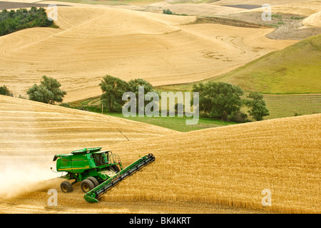 John Deere combine harvesting wheat on hilly fields in the Palouse region of Washington Stock Photo