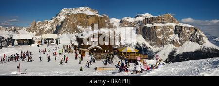 panoramic image of Dolomites mountains in winter, Italy, view of Gruppo Sella from Col Rodella ski area, Sella Ronda Stock Photo