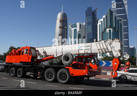 Heavy mobile construction crane on the road in Doha, Qatar Stock Photo