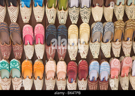 Traditional Arabic curly toed slippers, Deira, Dubai, United Arab Emirates, Middle East Stock Photo