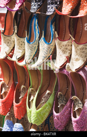 Traditional Arabic curly toed slippers, Deira, Dubai, United Arab Emirates, Middle East Stock Photo