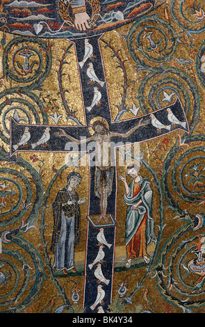 A 12th century fresco of Christ's triumph on the cross, San Clemente Basilica, Rome, Lazio, Italy, Europe Stock Photo