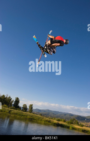 Ski Jumper Practicing at a Training Facility, Steamboat Springs, Routt County, Colorado, USA Stock Photo