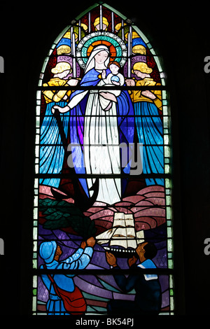 Stained glass window of First World War veterans praying, Mont-Dol chapel, Mont-Dol, Ille-et-Vilaine, Brittany, France, Europe Stock Photo