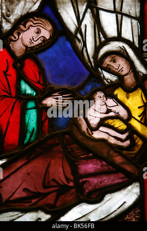 Stained glass of the birth of Isaac, son of Abraham and Sarah, Klosterneuburg, Austria, Europe Stock Photo