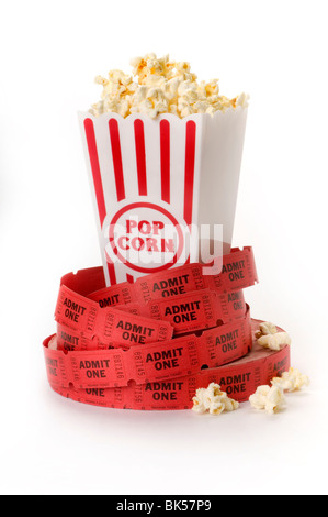 popcorn and movie ticket Stock Photo