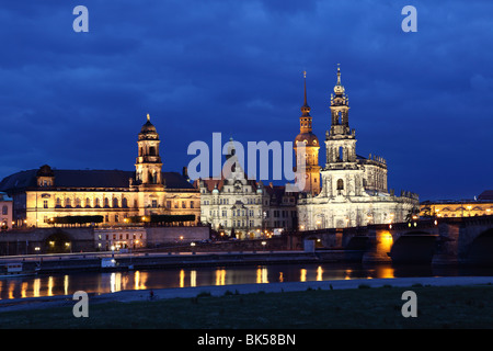 City skyline including Hofkirche, Hausmann Tower, Royal Palace and New State House, Dresden, Saxony, Germany Stock Photo