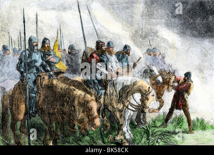 English army on the morning of battle at Agincourt, Hundred Years' War, 1415. Hand-colored woodcut Stock Photo