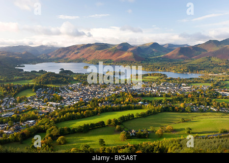 View over Keswick and Derwent Water from the Skiddaw Range, Lake District National Park, Cumbria, England, United Kingdom Stock Photo