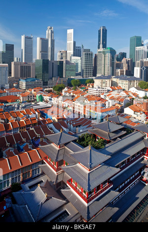 Elevated view over Chinatown, the new  Buddha Tooth Relic temple and modern city skyline, Singapore, Southeast Asia, Asia Stock Photo