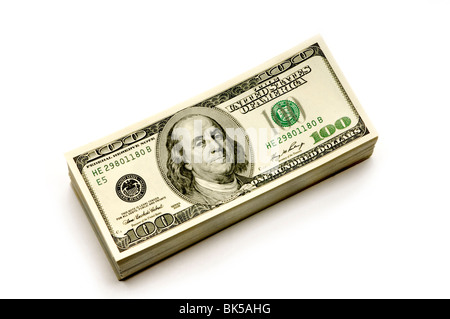 stack of American Dollars, money, currency on white background Stock Photo