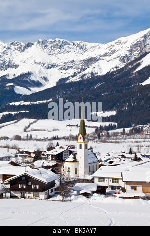 Ellmau ski resort, Wilder Kaiser mountains beyond, Tirol, Austrian Alps, Austria, Europe Stock Photo