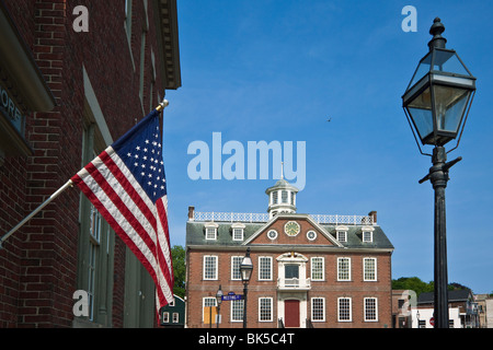 The Stars and Stripes and  Old Colony House used in the film Amistad, on Washington Square in Newport, Rhode Island, USA Stock Photo