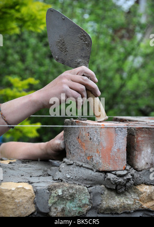 Building of a garden wall with Cotswold stone and reclaimed red bricks UK Stock Photo