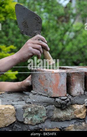 Building of a garden wall with Cotswold stone and reclaimed red bricks UK Stock Photo