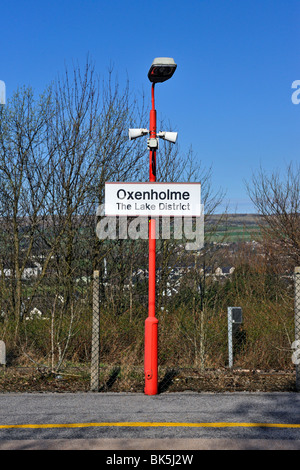 Station sign, Oxenholme The Lake District. Oxenholme Rail Station, Cumbria, England, United Kingdom Europe. Stock Photo