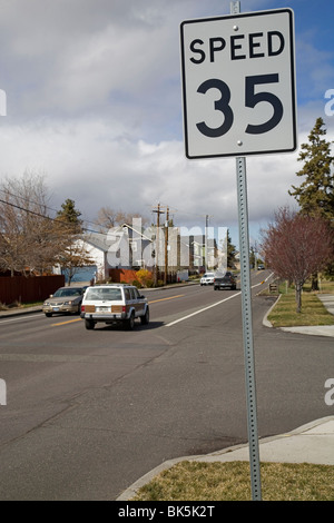 A 35 mph speed limit sign in a city residential area Stock Photo